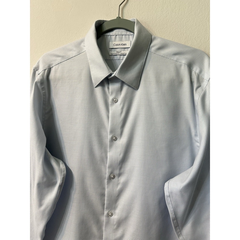 Calvin Klein Steel+ Dress Shirt Mens L 16.5 32/33 Slim Fit Stretch Light Blue